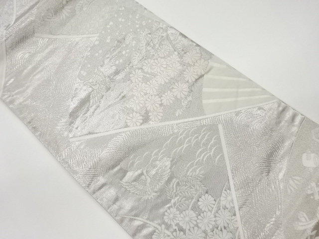 JAPANESE KIMONO / VINTAGE FUKURO OBI / PLATINUM FOIL / WOVEN CRANES & FLOWERS